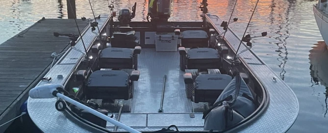 A boat docked in Astoria, perfect for salmon fishing.